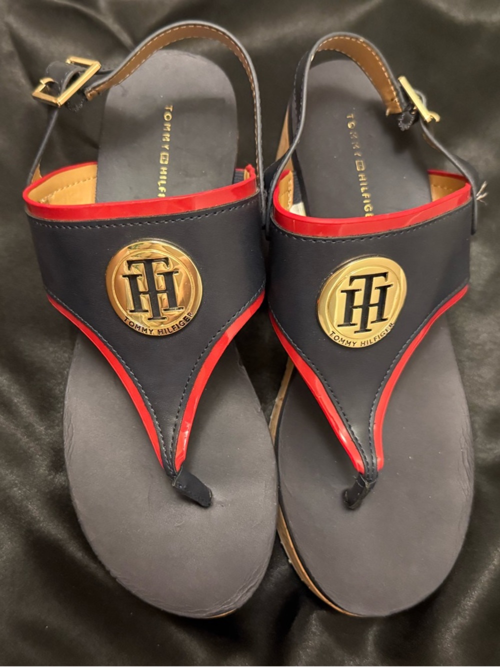 Tommy Hilfiger Navy & Red Logo Thong Sandals with Gold Emblem